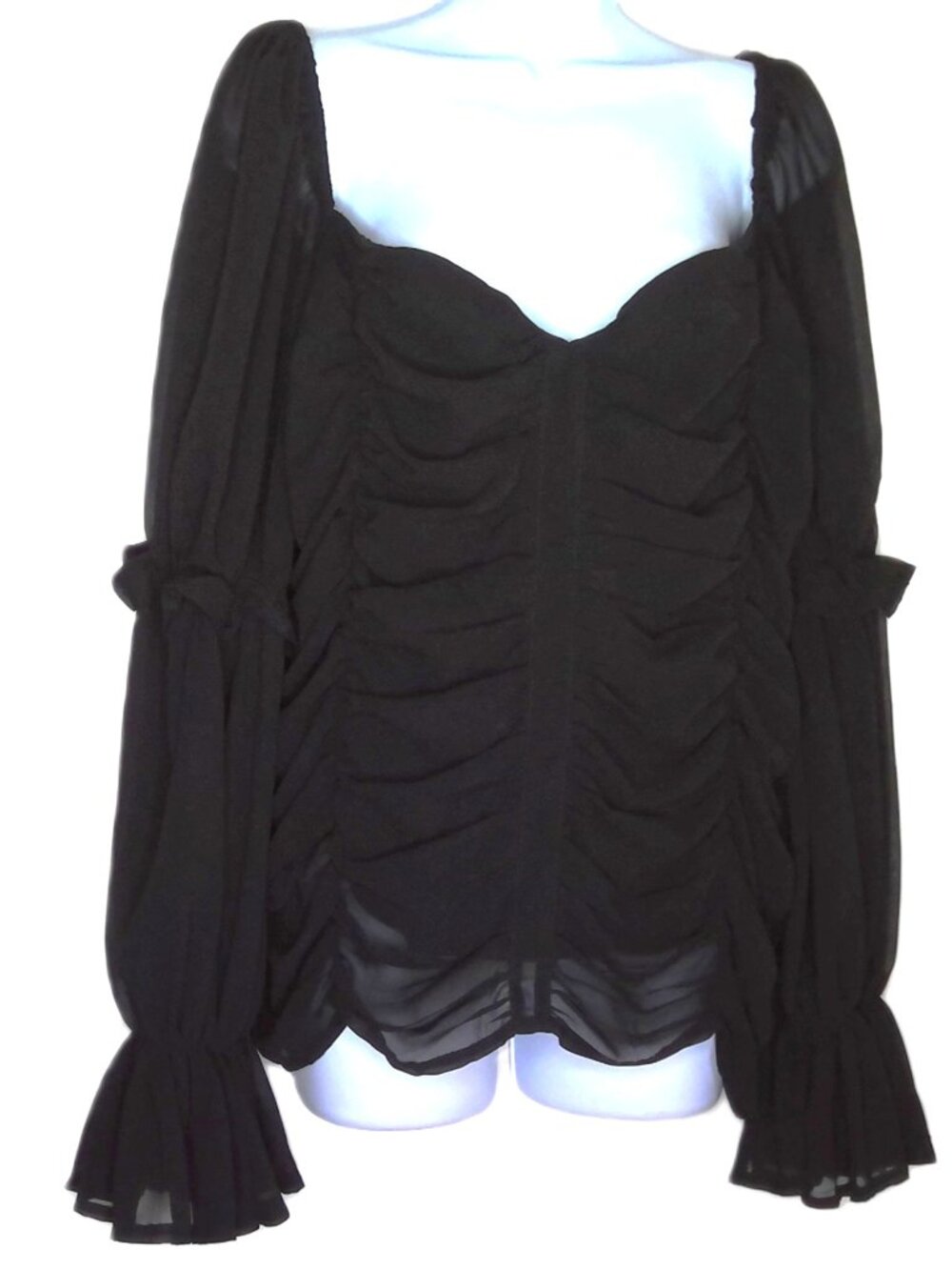 Nasty Gal Collection Black Top Whimsigoth Goth Smocked Ruffle Sheer Sleeve Sz 18